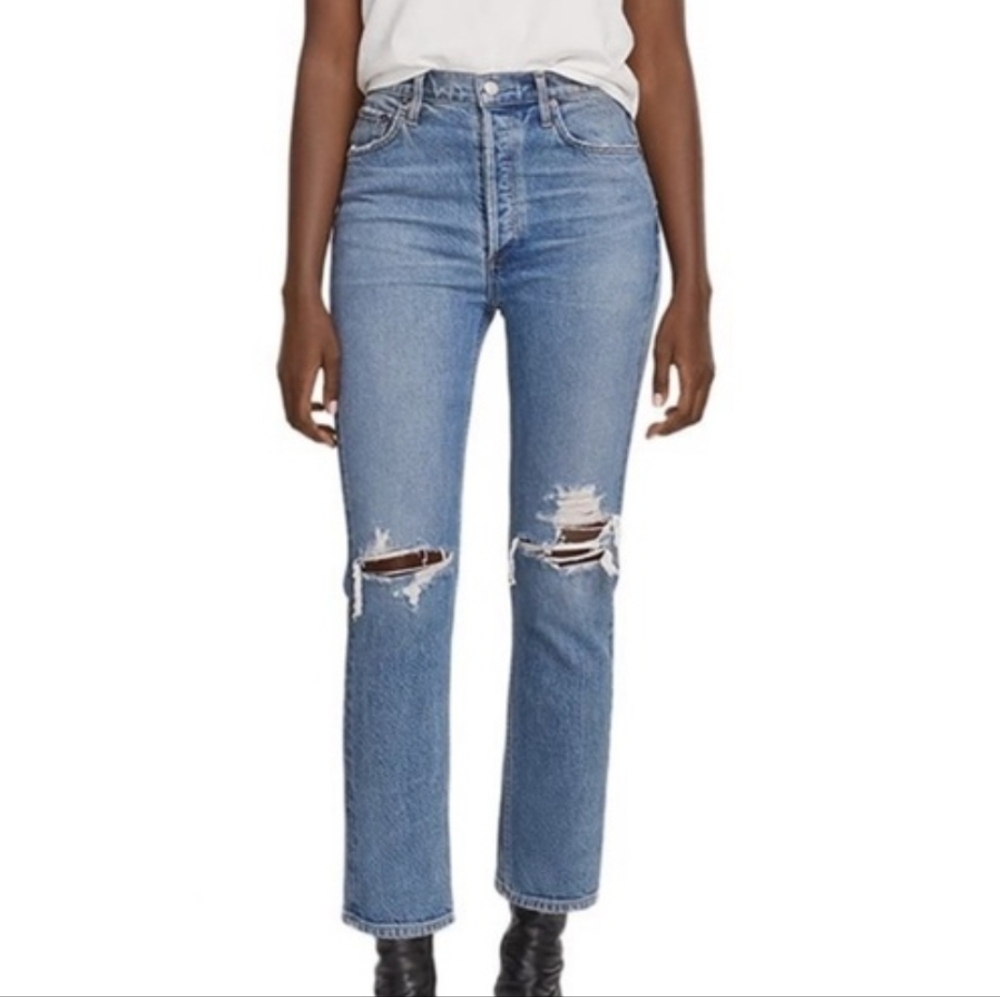 AGOLDE Riley High Rise Straight Crop, Button-Fly, Medium Destructed Wash, EUC!